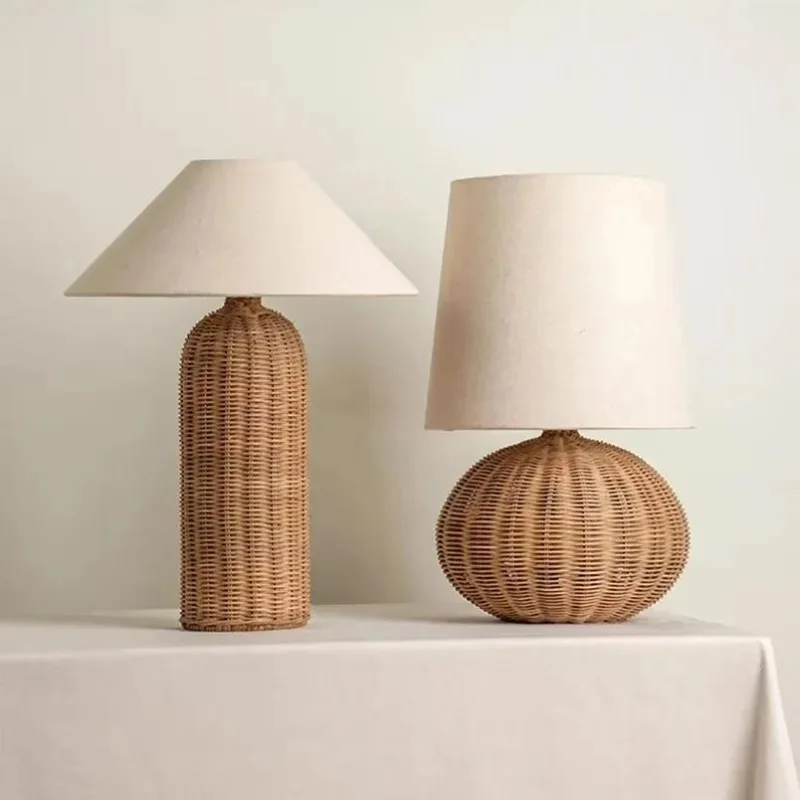 Wabi-sabi Vintage Rattan Table Lamp Homelike Living Room Bedroom Study Dining Room 3000K Japanese Simple Fabric Desk Light