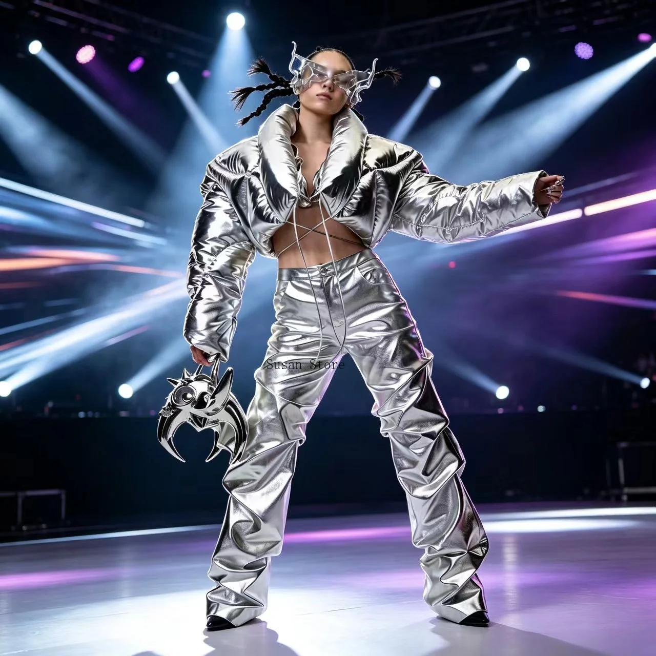 Silver Mirror Surface Trendy Jazz Dance Costume New Futuristic Stage Outfit Unique Portrait Photography Halloween Cosplay Suit