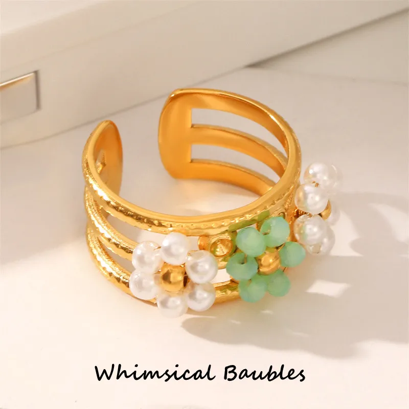 

Stainless Steel Rings Plated 18k Gold Color Statement Jewelry Flower Adjustable Waterproof Daily Rings For Women Premium Gift