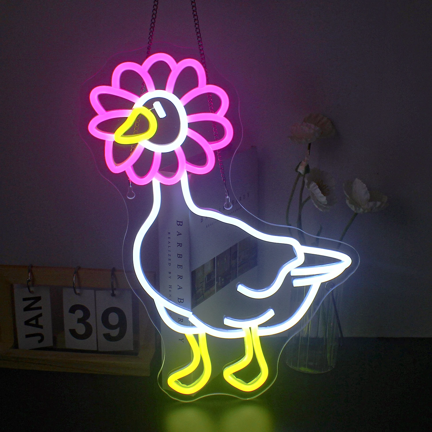 

Pink White Duck Neon Signs Wall Decor USB Powered Dimmable Flower Duck Neon Light for Bedroom Kids Room Apartment Bar Party Neon