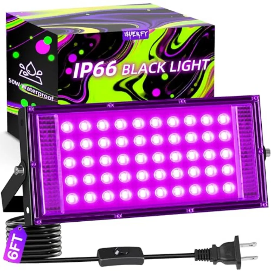 50W LED Black Light IP66 Waterproof, Outdoor Blacklight Flood Light with Switch+6FT Cord, Blacklight Spotlight for Neon Glow in