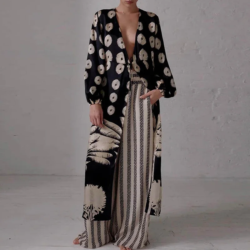 Women Causal Long Sleeve 2Pc Set Spring Autumn Vintage Pattern Print Outfit Elegant V-neck Tie-Up Long Cardigan & Long Pant Suit