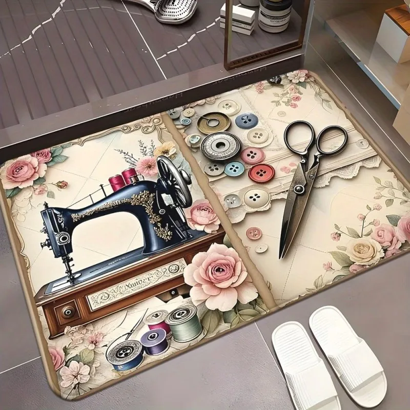 Vintage Nähmaschinen-Fußmatte mit Scheren- und Knopfmuster, Retro Blumenmuster Eingangsmatte, Schneider-Fußmatte für den Eingangsbereich, Heim-Bodenmatte