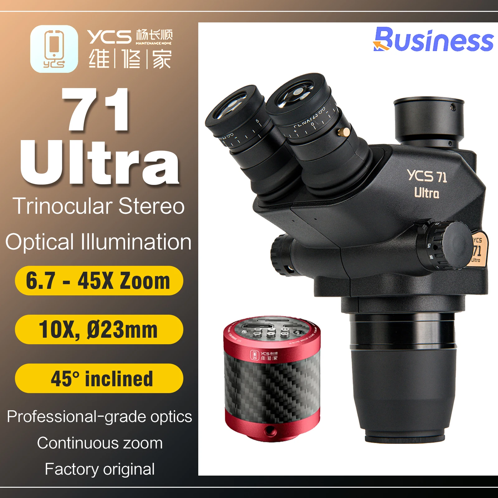 YCS New 71 Ultra Trinocular Microscope Head 0.67X-45X Zoom for
