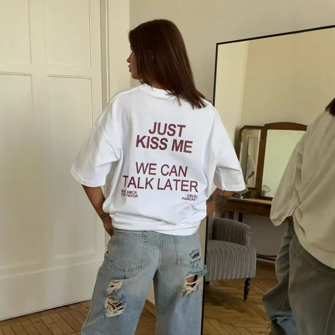 

Универсальная футболка из чистого хлопка с буквенным принтом в европейском и американском стиле, подходящая для мужчин и женщин летом для повседневного образа