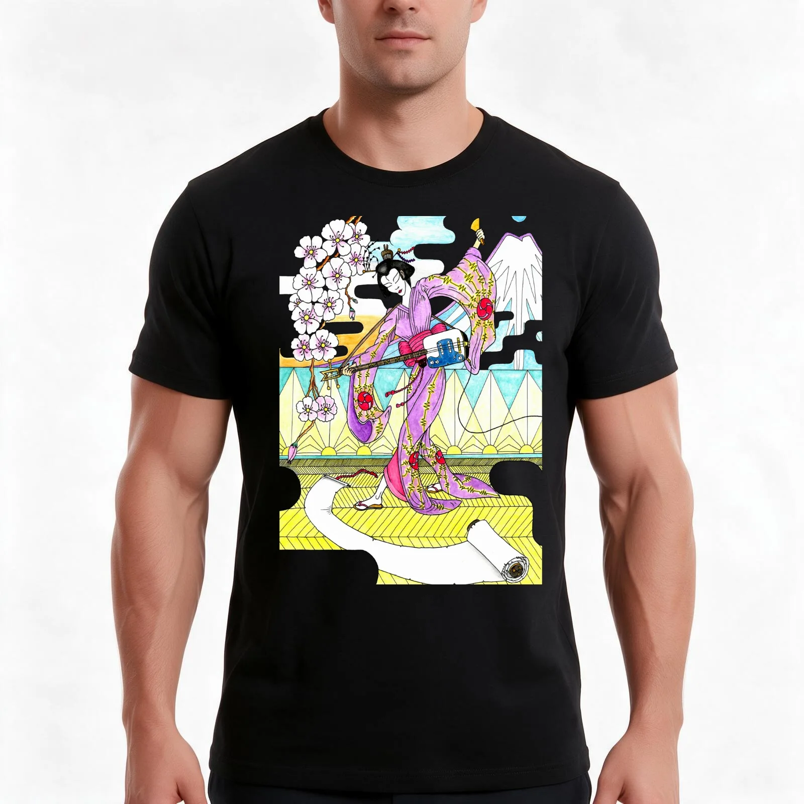 Geisha in an electric shamisen solo. T-Shirt, Summer Casual Cotton Tee, Oversized Streetwear Tops, Vintage Graphic Print