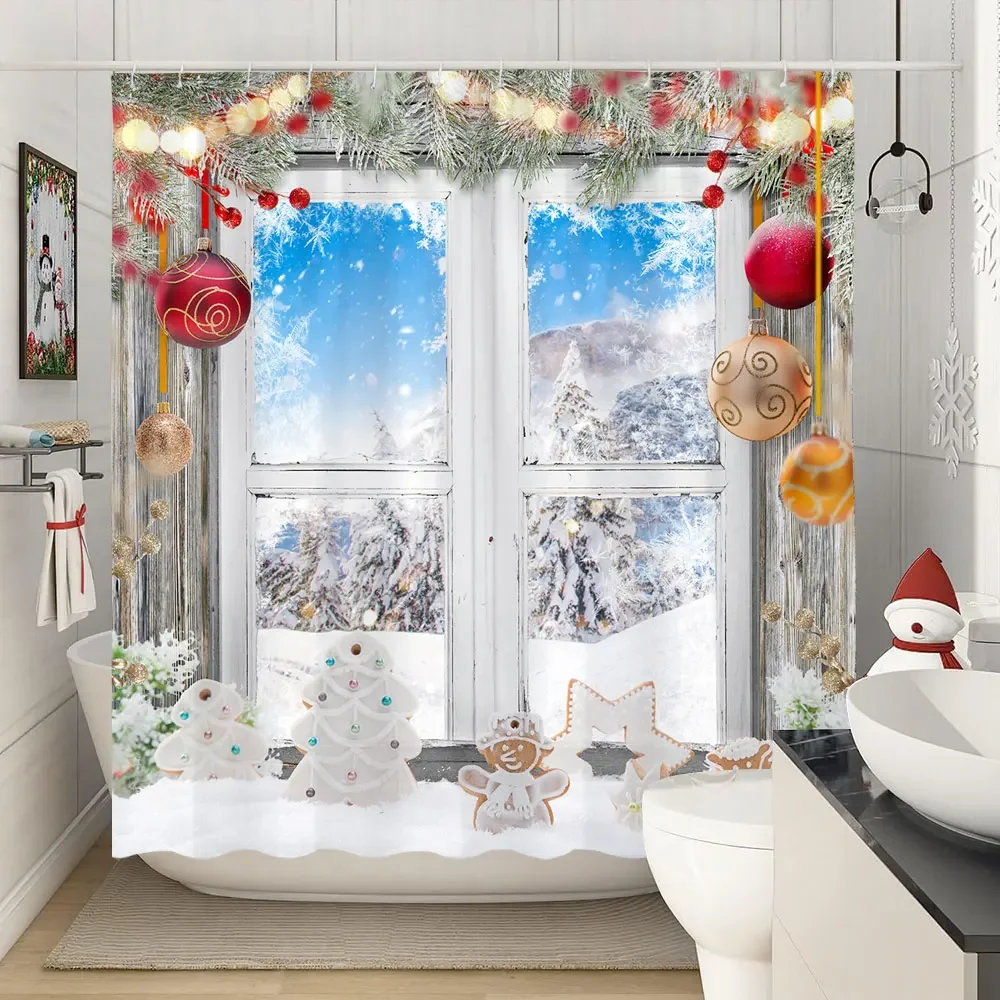 Merry Christmas Shower Curtains Winter Snowflake Xmas Pine Leaves Lamp Holiday Farmhouse Home Fabric Bath Curtain Bathroom Decor