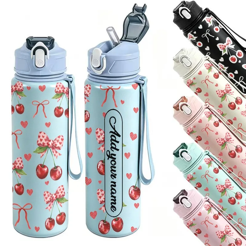 750ml Custom Personalized Name Shining Red Cherry with Heart Shaped Bow Leakproof Sports Water Bottle for Birthday Festival Gift