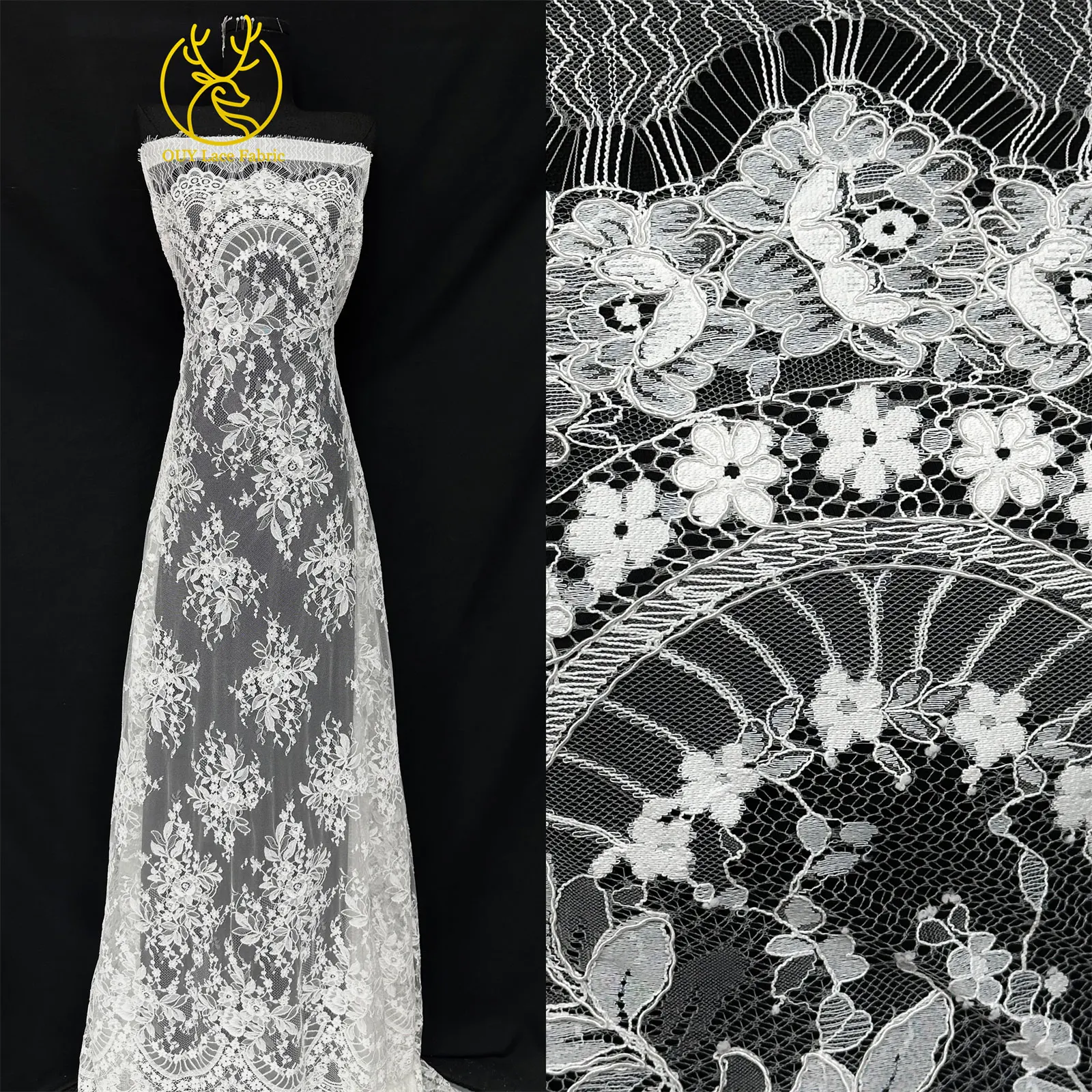 

White Bridal Wedding African Mesh Sequin Lace Fabric French Thick Line Mesh Lace Fabric for Women's Dresses Sewing Materials