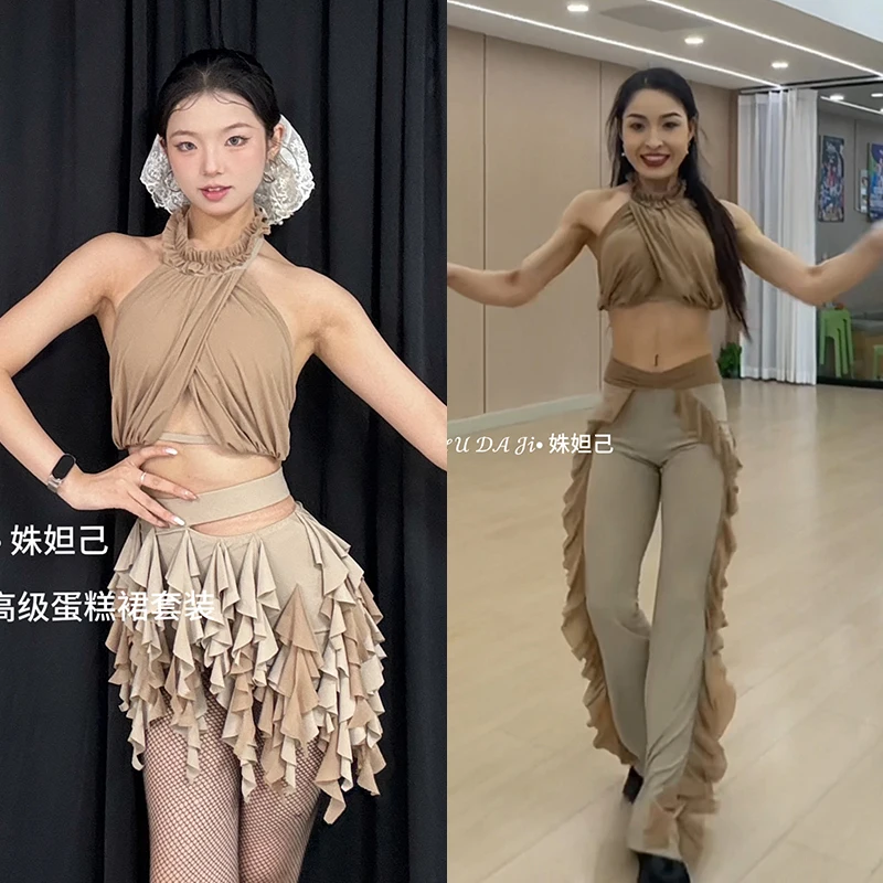 Khaki Latin Dance Clothes Women Sexy Short Tops Fringes Skirt Ruffled Pants Ballroom Dance Performance Practice Clothing NV27708