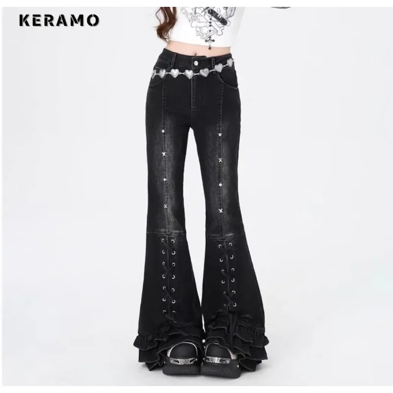 2024 Autumn Harajuku Sheath High Waist Jeans Female Retro Y2K Belted Design Flared Pants Women's Vintage Slim Fit Denim Trouser