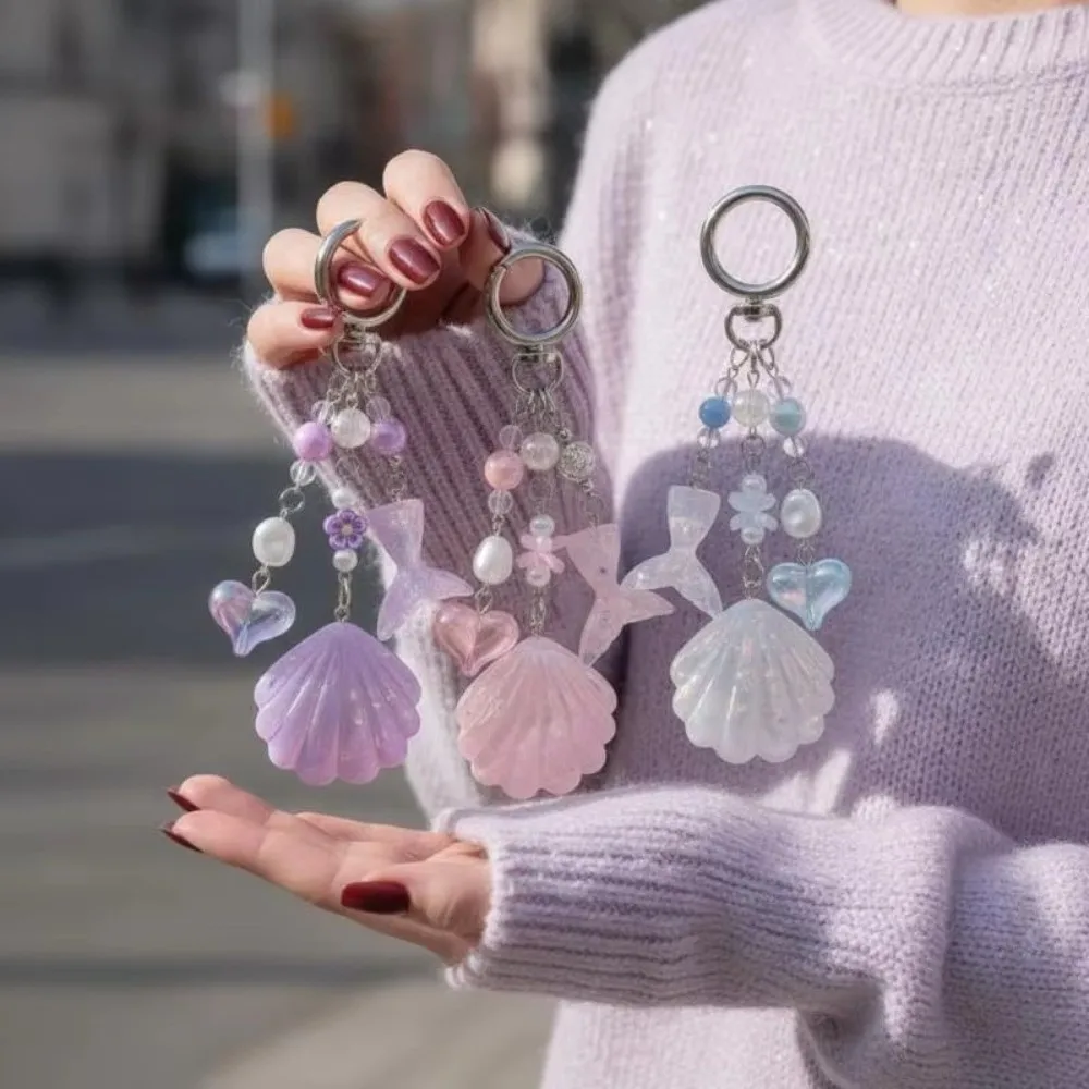 Beaded Shell Shell Phone Charm Pearl Beads Glitter Sequins Shell Keychain Fishtail Sequin Heart Shining Mermaid Keychain