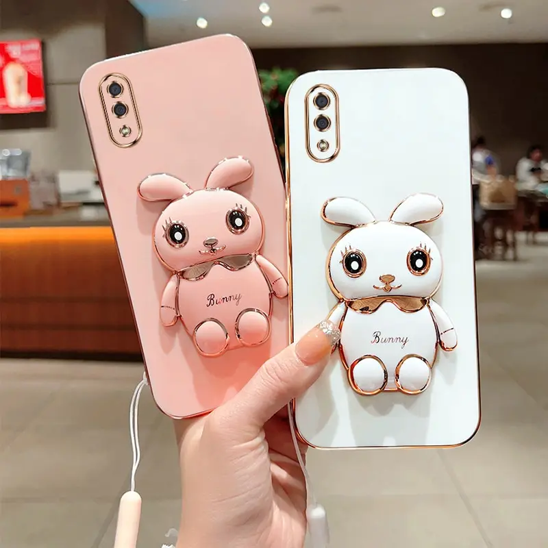 Phone Case For Samsung Galaxy A01 Luxury Plating Square Rabbit Holder With Landyard Phone Case Cover