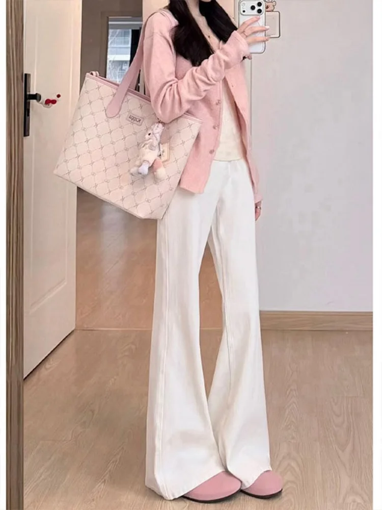 

Белые свободные женские джинсы-клеш с высокой талией, весна-лето, новый стиль, утягивающие, широкие штанины, модные джинсовые брюки для женщин