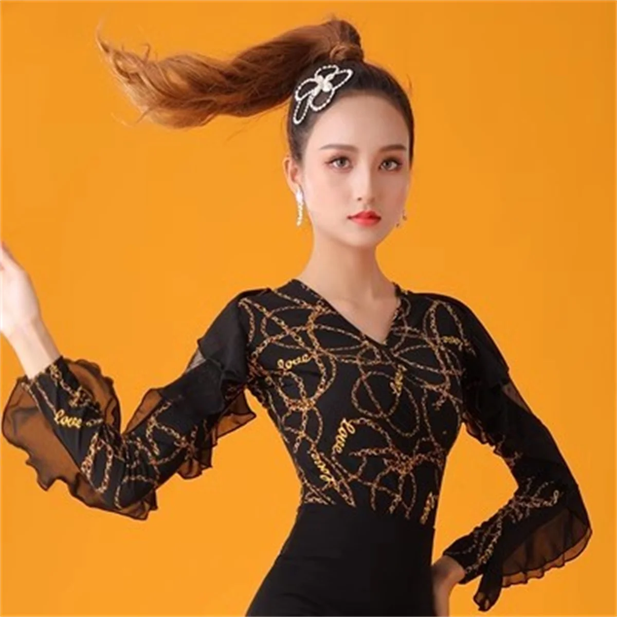 New Latin dance printed shirt Transparent Long sleeved Gitba Dance Top Black ballroom dancing color sparkling stage costumes