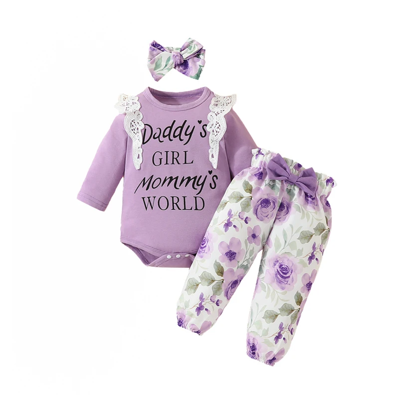 3pcs Set Baby Grils Clothes Bodysuit Pants Suits Long Sleeve Letter Printing Onesies Tops Bow Trousers Headband Infant Outfits