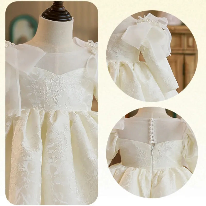 Fashion Baby Girl Princess Bow Pearl Dress Long Sleeve Infant Toddler Child Vestido Wedding Party Birthday Baby Clothes 12M-14Y