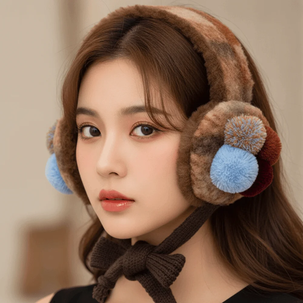 Brown Retro Knit Earmuffs Thickened Soft Vintage Pom Earmuff Color Block Thermal Lace Up Ear Warmer Students