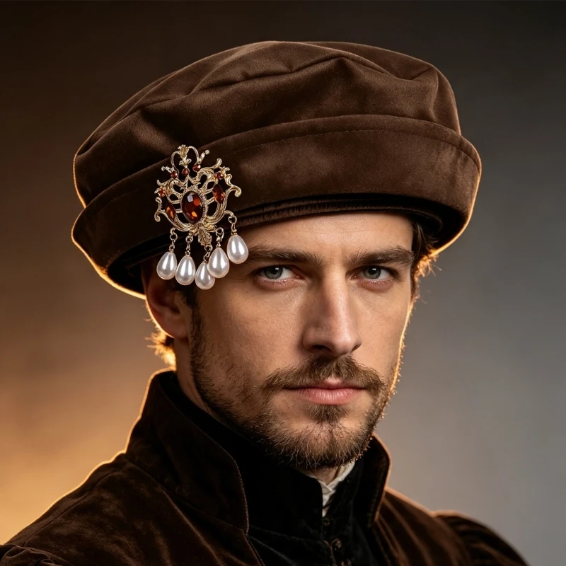 Medieval Tudors Hat for Adults, Soft Polyester Costume Headwear with Decorative Brooch For Stage Show, Cosplay