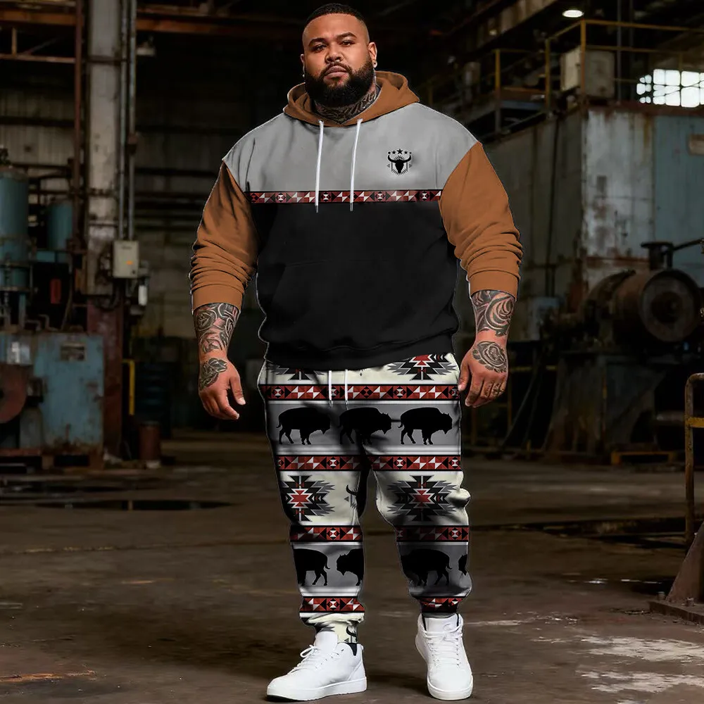 

S-9xl plus size Men's Hoodie Set with Ethnic Elements - 2-Piece Casual Outfit, Soft Warm Fabric, Vibrant Ethnic Prints,