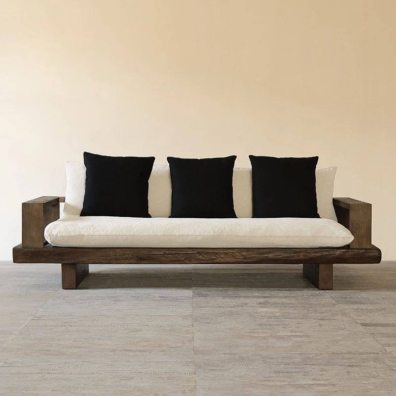 Japanese-style wabi-sabi wind old wood solid wood sofa, retro homestay, old wood linen cushion three-person sofa