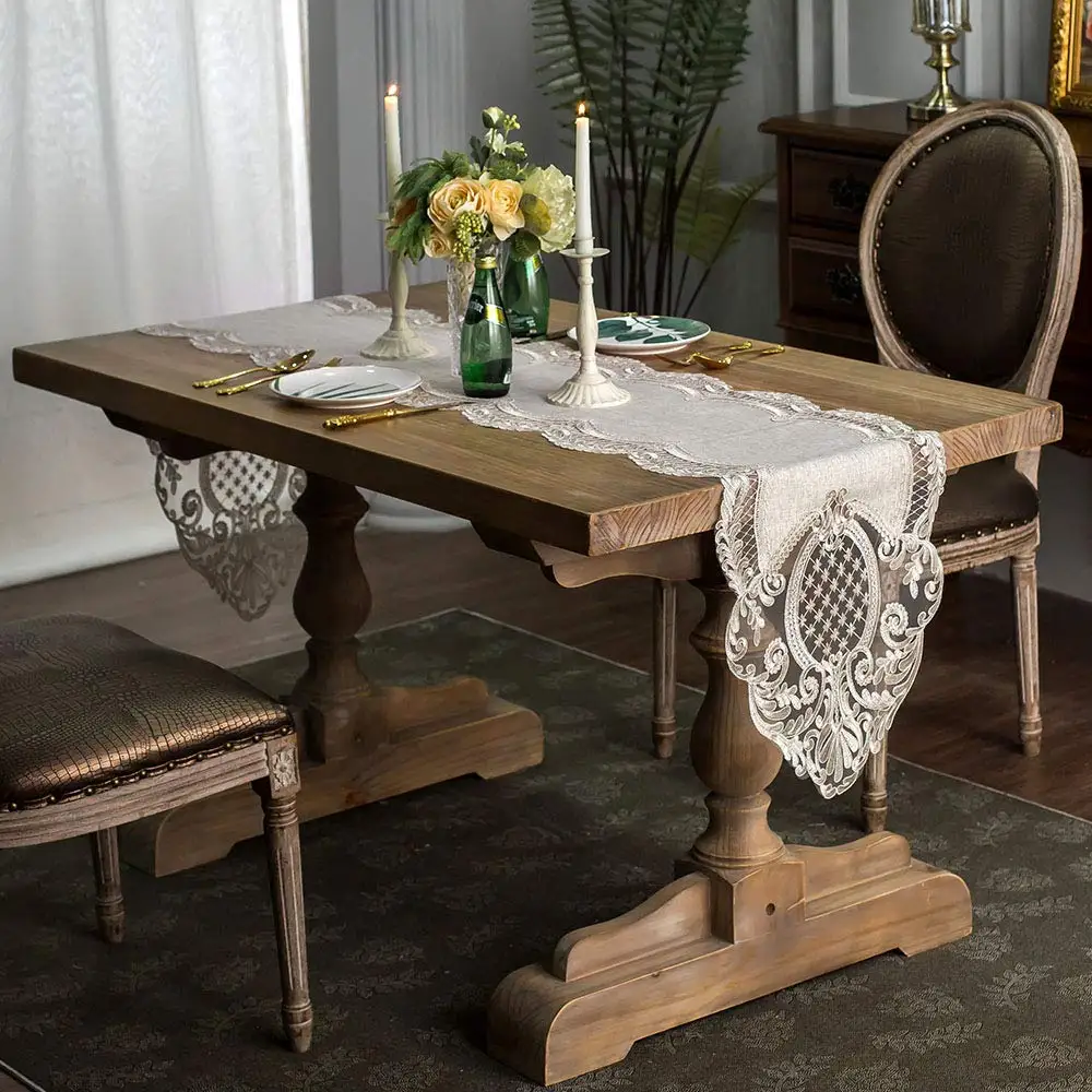 Lace Table Runner Rectangle Gray Cotton Linen Fabric Dresser Scarf with Exquisite Macrame Embroidery Table Runners for Home