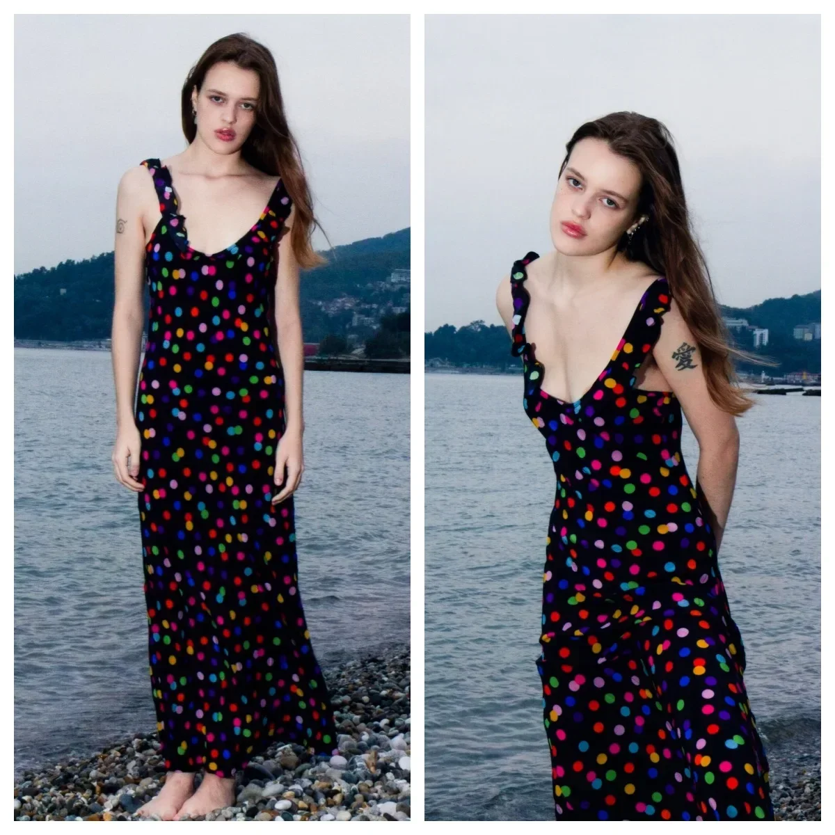 منقطة ملونة، حرير قطري مطبوع فرنسيًا، أكمام طائرة صغيرة، فستان بحاشية كبيرة، فستان طويل أنيق بحمالات