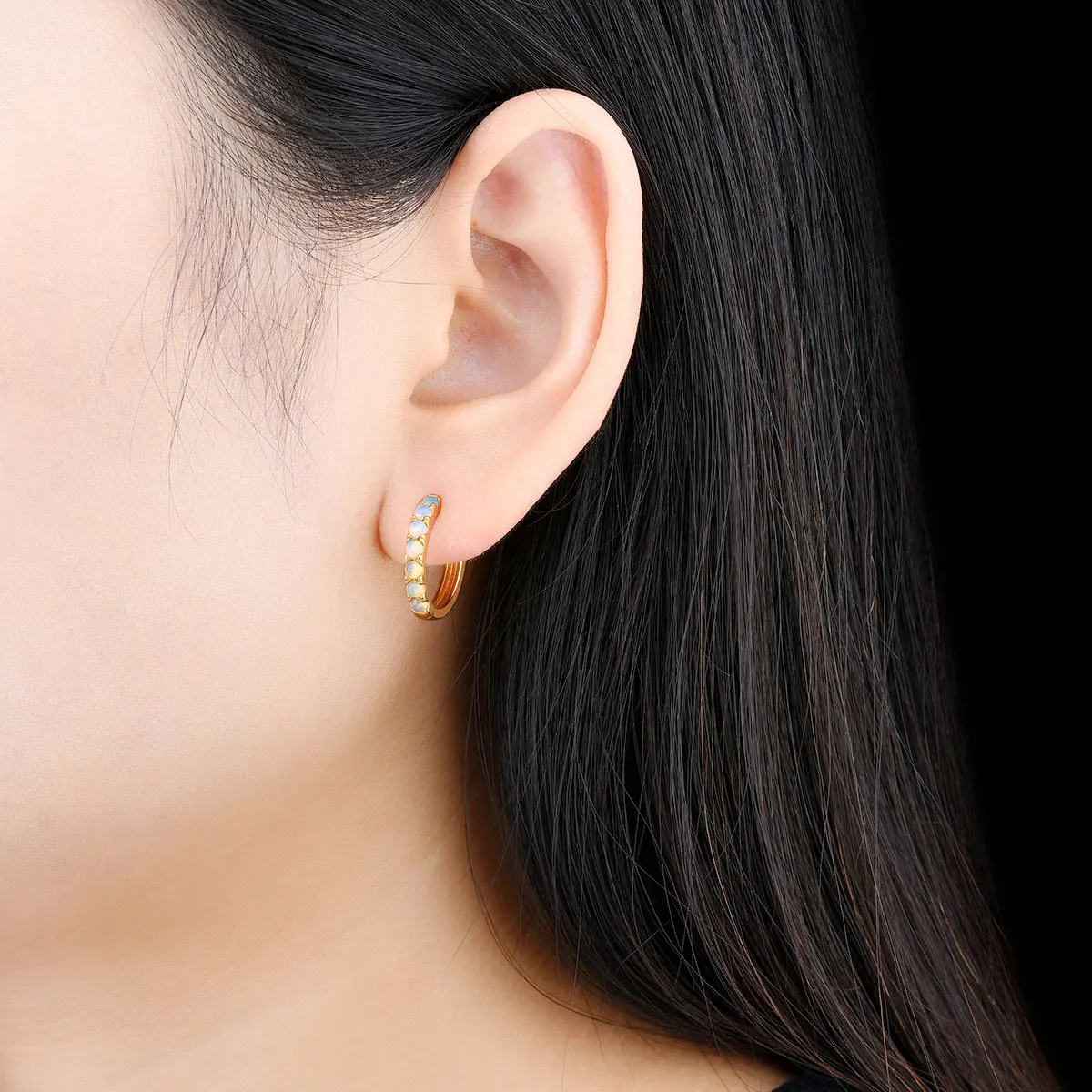 Natural Opal Sterling Silver Hoop Earring 0.8 Carats Genuine Gemstone Yellow Gold Plated Classic Fine Jewelrys Design Gifts SE05