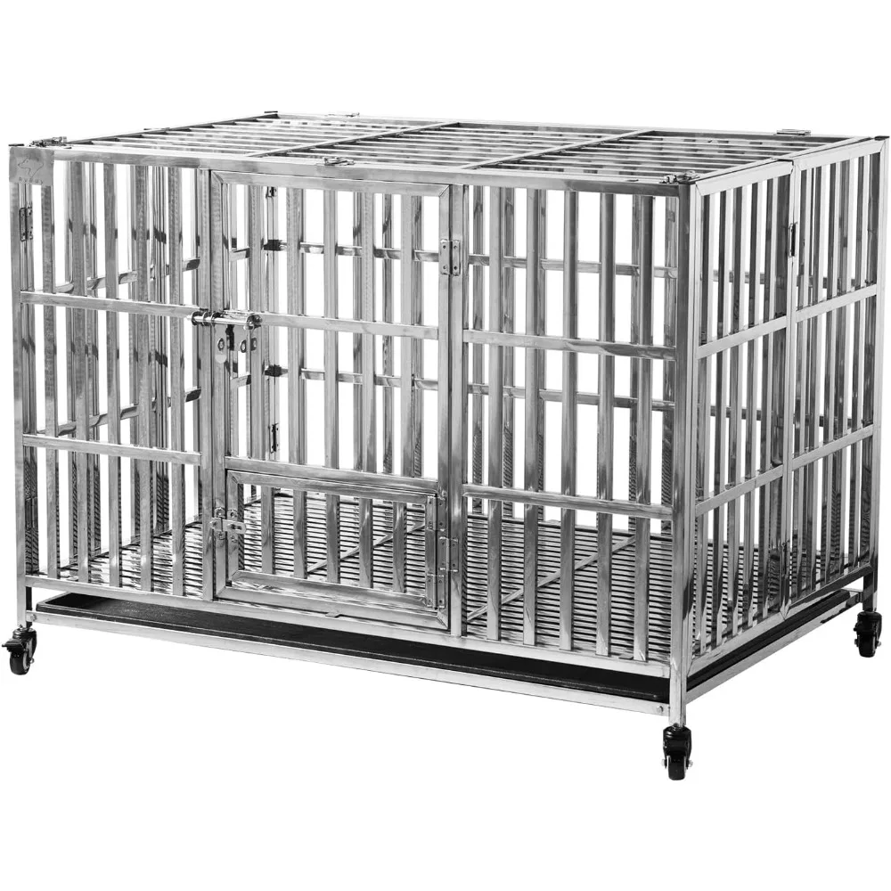 

48" Stackable Heavy Duty Dog Crate Pet Stainless Steel Kennel Cage for Large Dogs with Tray in-Door Foldable & Portable