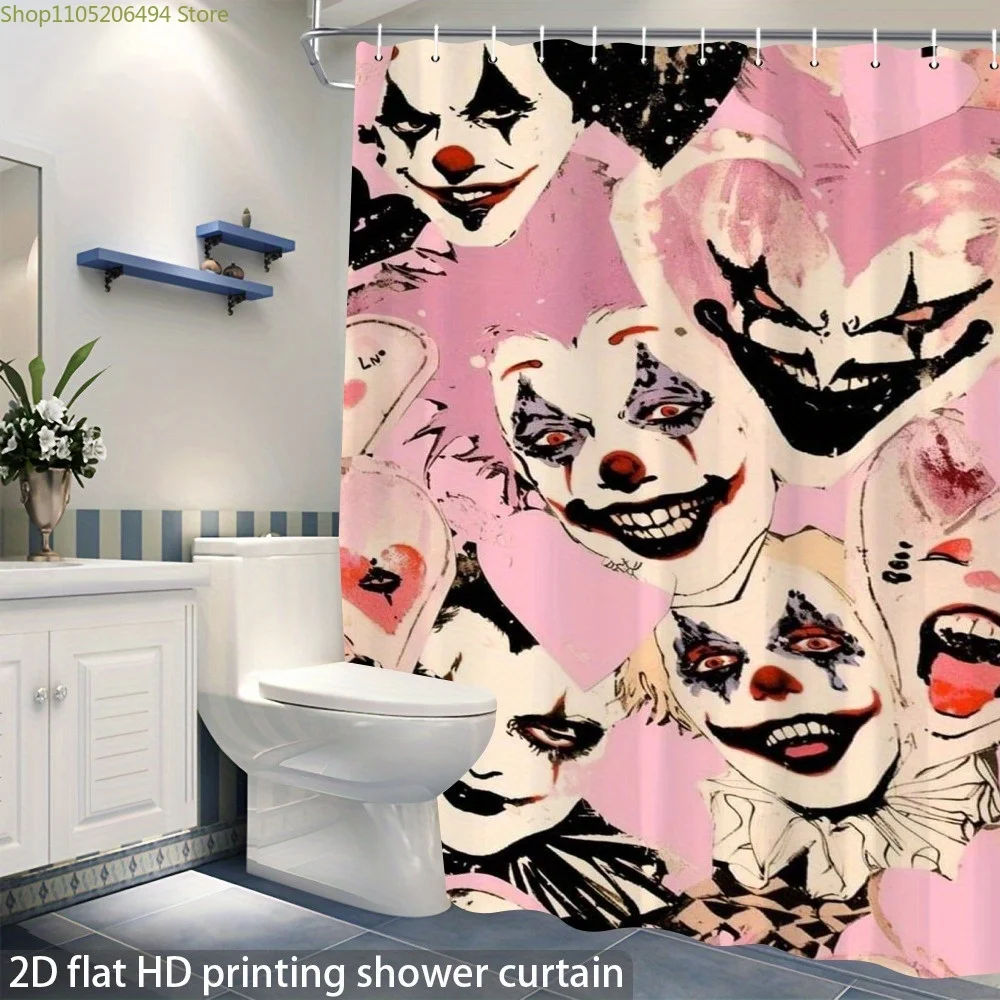 

1pc Halloween Multiple_smiling_clown_faces_collage 2dflat printed shower curtain, 12 durable hooks, high quality bathroom acce