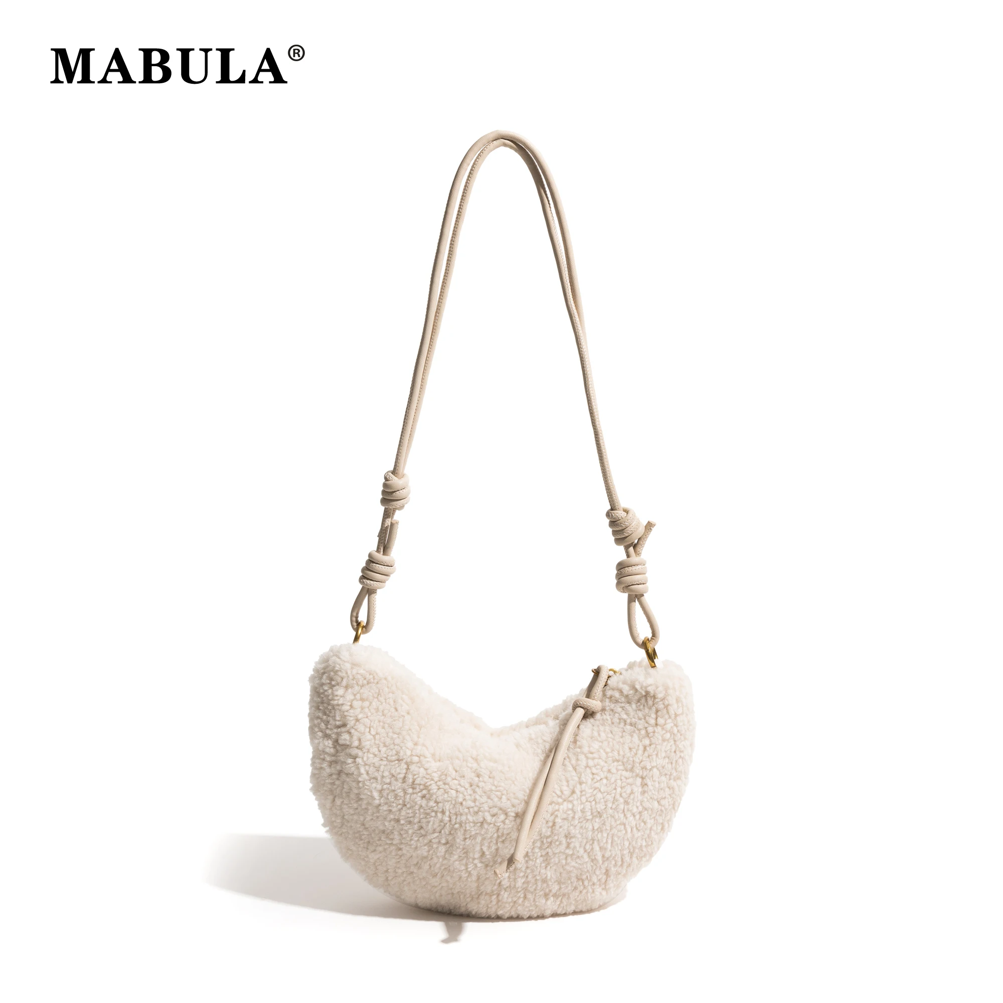 

MABULA Winter Lamb Fabric Half Moon Shoulder Phone Purse For Ladies Knot Strap Solid Color Stylish Simple Women's Commuter Pouch