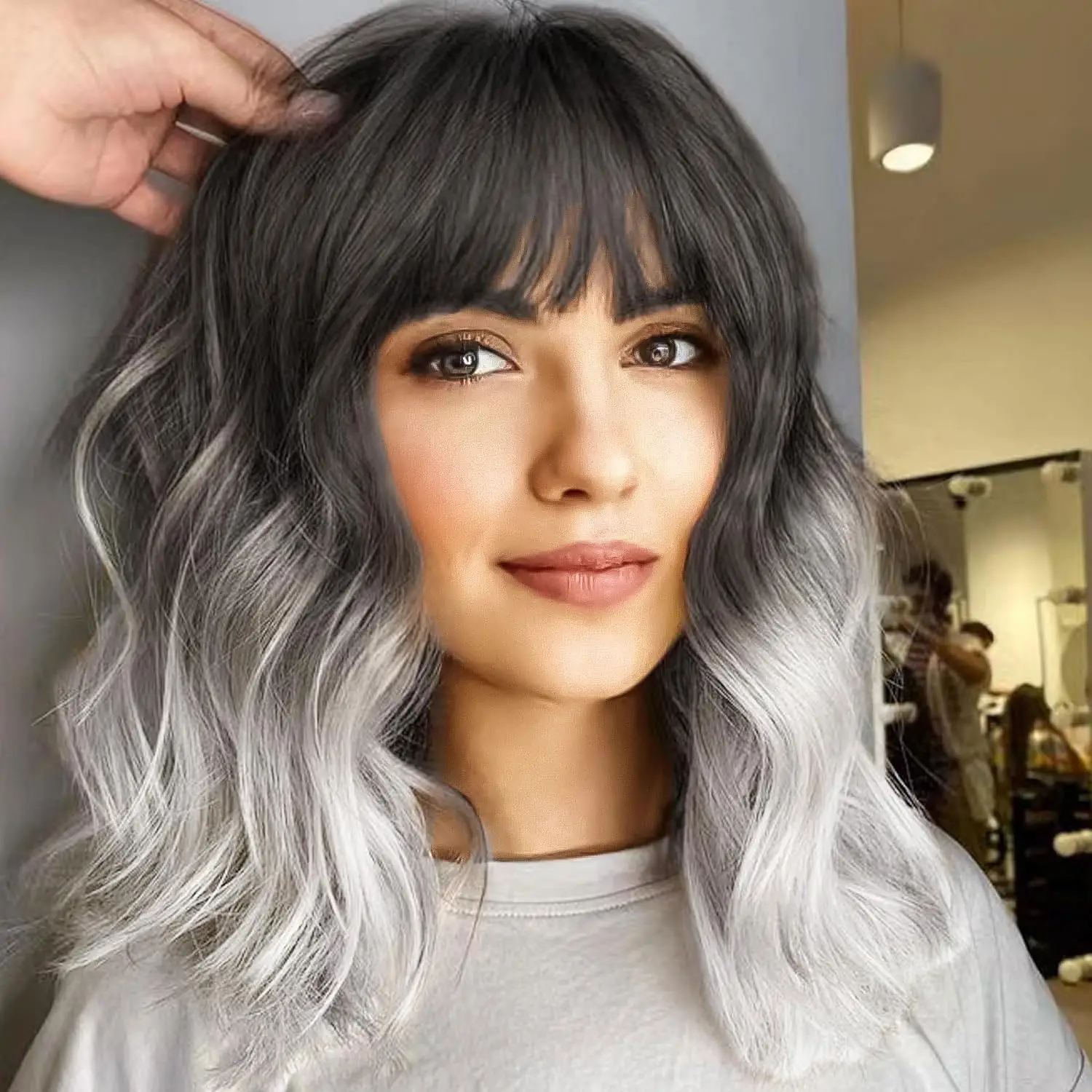 

Synthetic Curly Bob Wig with Bangs Natural Looking Short Ombre Silver Grey Wig Heat Resistant Syntheic Wigs for Women