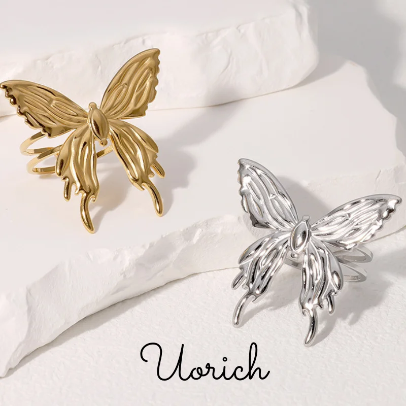 Uorich Simple Gold Plated Stainless Steel Butterfly Opening Adjustable Ring for Women Trendy Not Easy To Fade Jewelry Daily Wear