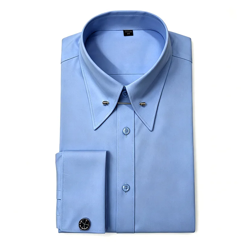 Men's Empire-Collar With Pins Pointed Collar,  French Cuff Shirt Slim-Fit Business Formal Gentleman's Shirt White Blue Black