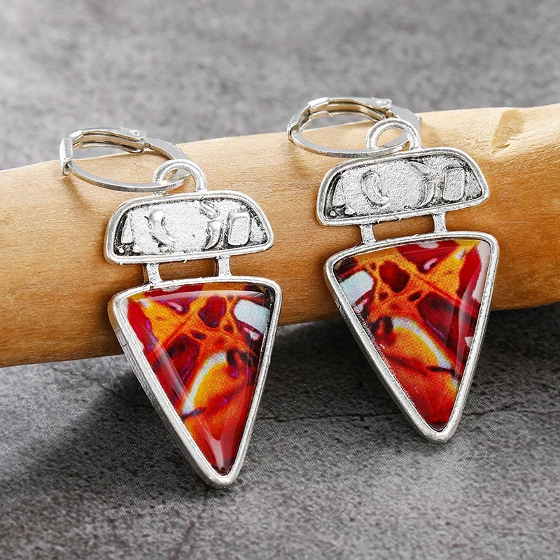 Vintage Silver Color Triangle Enamel Drop Earrings for Women Tribal Red Orange Painting Pattern Statement Earrings Party Jewelry