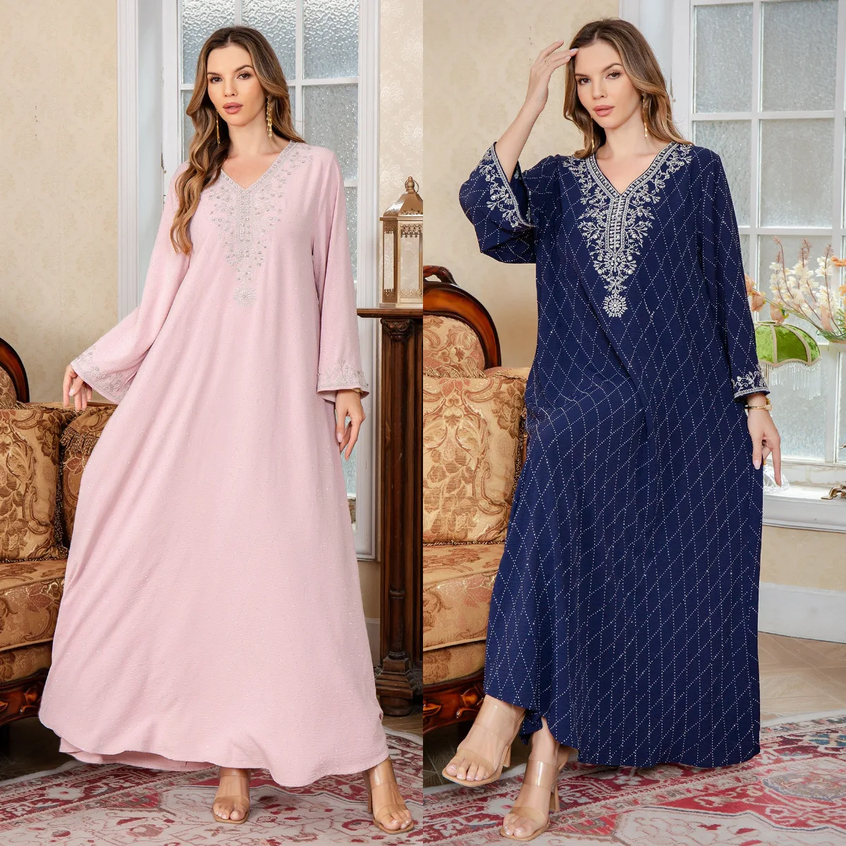 

Arabian Embroidered Robe Abaya Dress Middle East Muslim Women's Elegant Dubai Long Gown Kaftan Islamic Clothing Eid Party