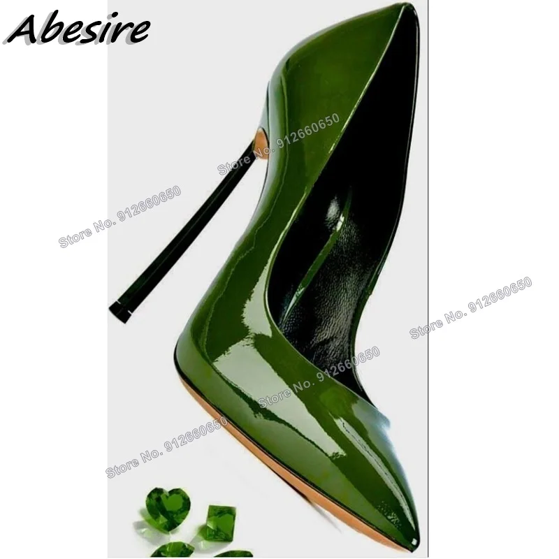 Abesire Green Metal Heel Solid Pumps for Women Stilettos High Heels Shollow Pumps Wine Glass Heel Solid Wedding Shoes on Heels