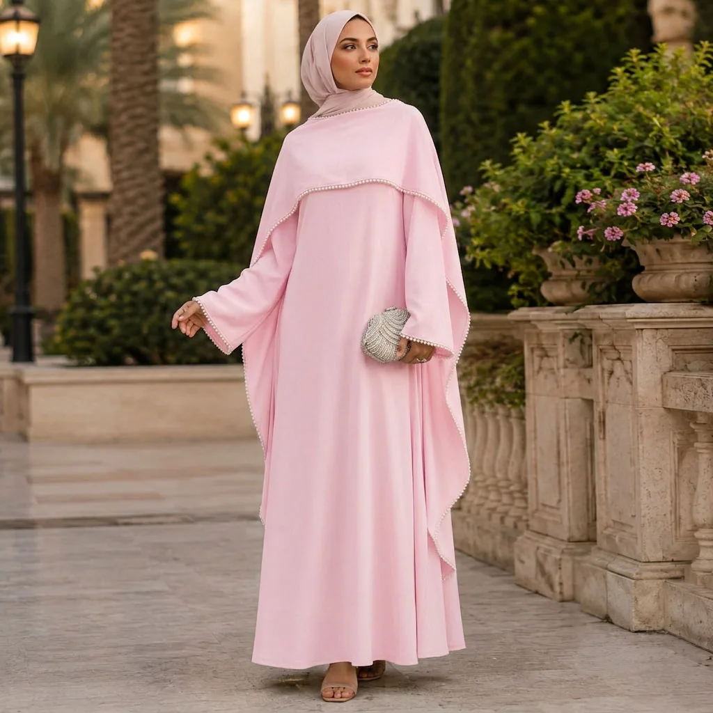 Elegant Pearls Trim Shawl Detail Maxi Dress Slim-Fit O-Neck Long Sleeves Muslim Women Abaya Dress Ramadan Eid Party Islamic Rob