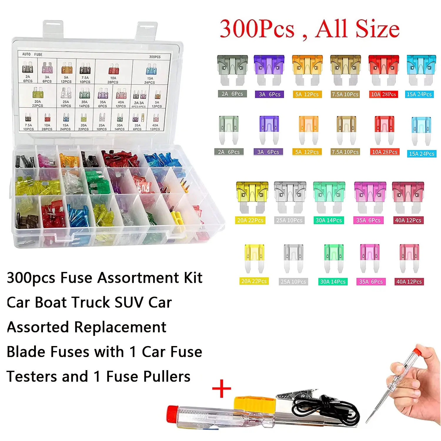 

300pcs Fuse Assortment Kit Car Boat Truck SUV Car Assorted Replacement Blade Fuses with 1 Car Fuse Testers and 1 Fuse Pullers