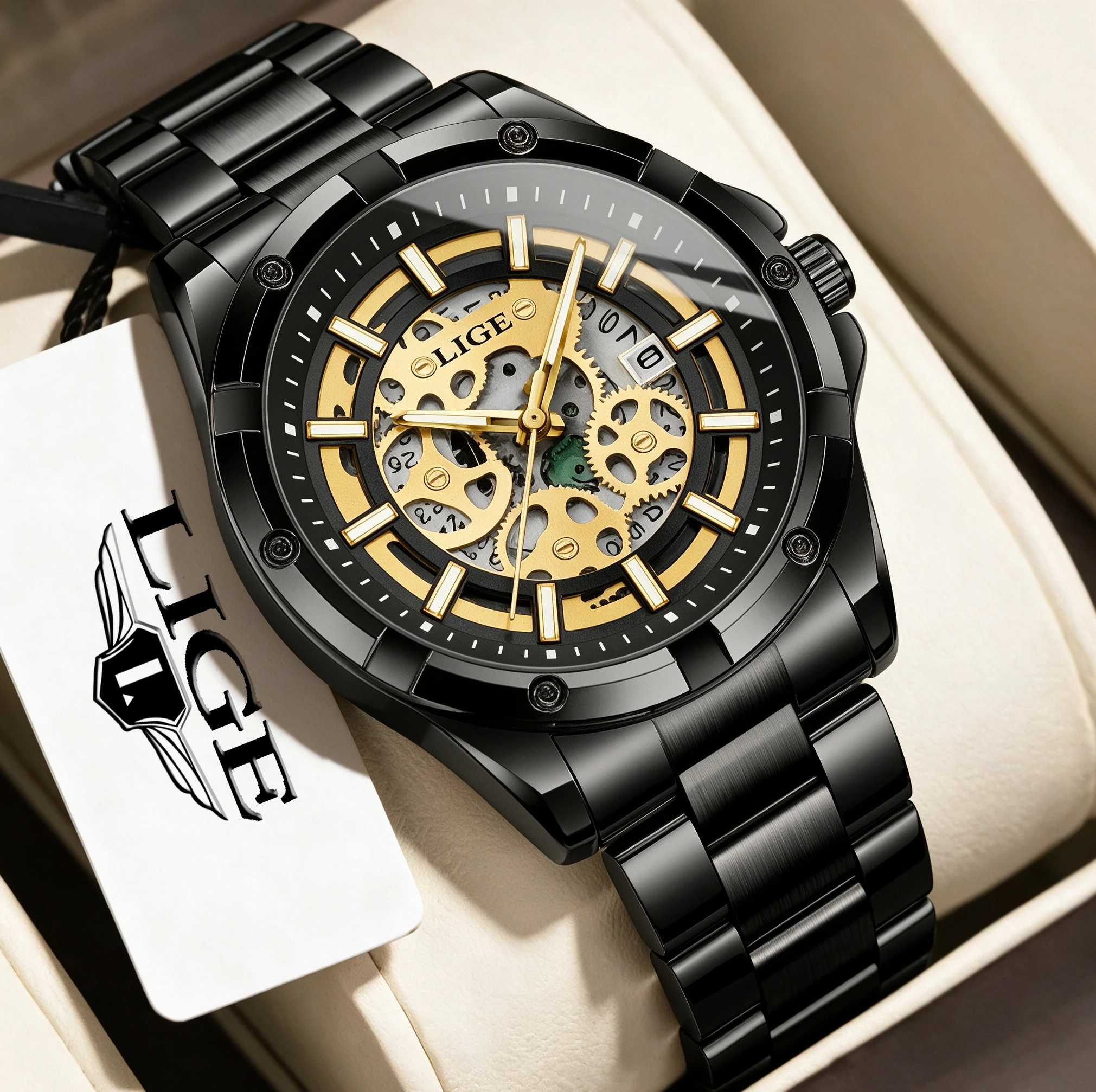 LIGE Top Brand Luxury Mens Watches Fashion Stainless Steel Waterproof Hollow Out Big Male Wristwatches Relogio Masculino Box