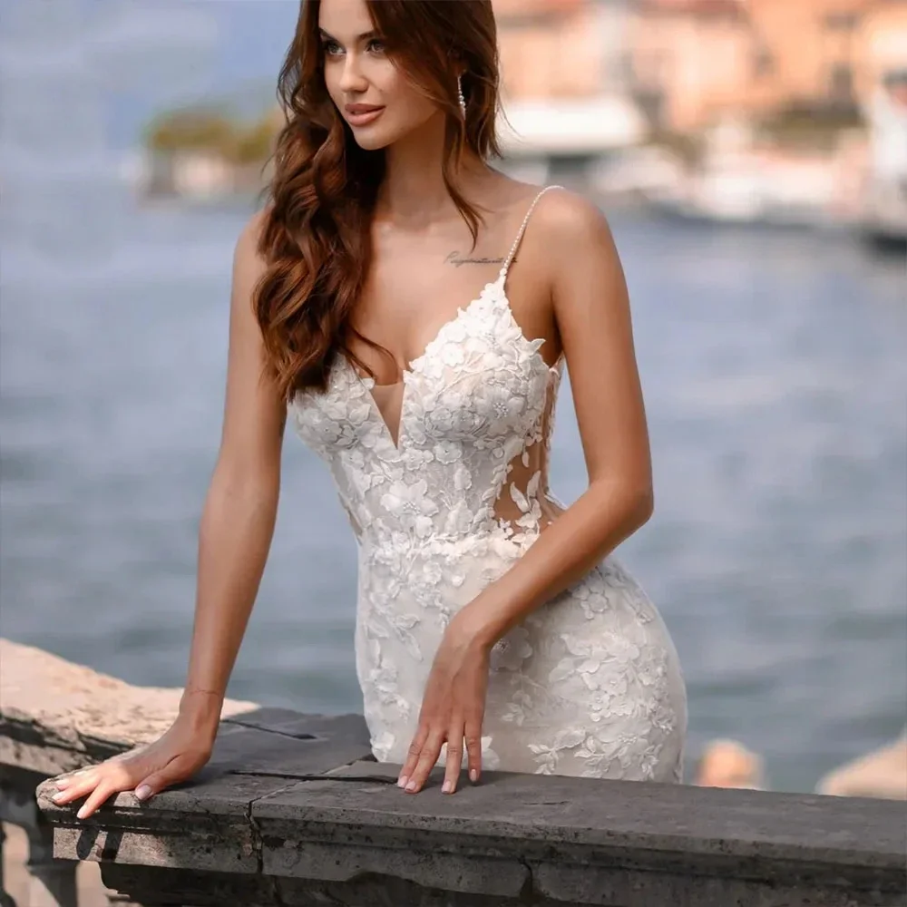 Vestido de praia sem encosto, Sexy V-Neck Wrap, Mermaid Lace, Decalque 3D, Casamento na praia, Nupcial, Personalizado