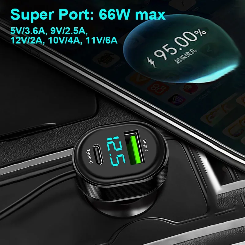 5 Ports 127W max Car Phone Charger 66W Super Charging Dual USB+Type C with 150CM Long Cable for Front/Rear Seat DC 12V/24V