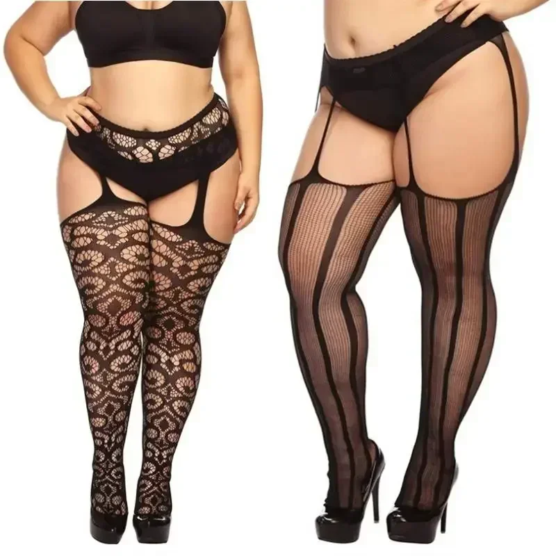 Lớn Cộng Lớn Kích Thước Mỡ Nữ Oversize Fishnet Đen Cổ Mở Crotchless Body Thun Quần Kỳ Lạ Gợi Cảm Quần Âu