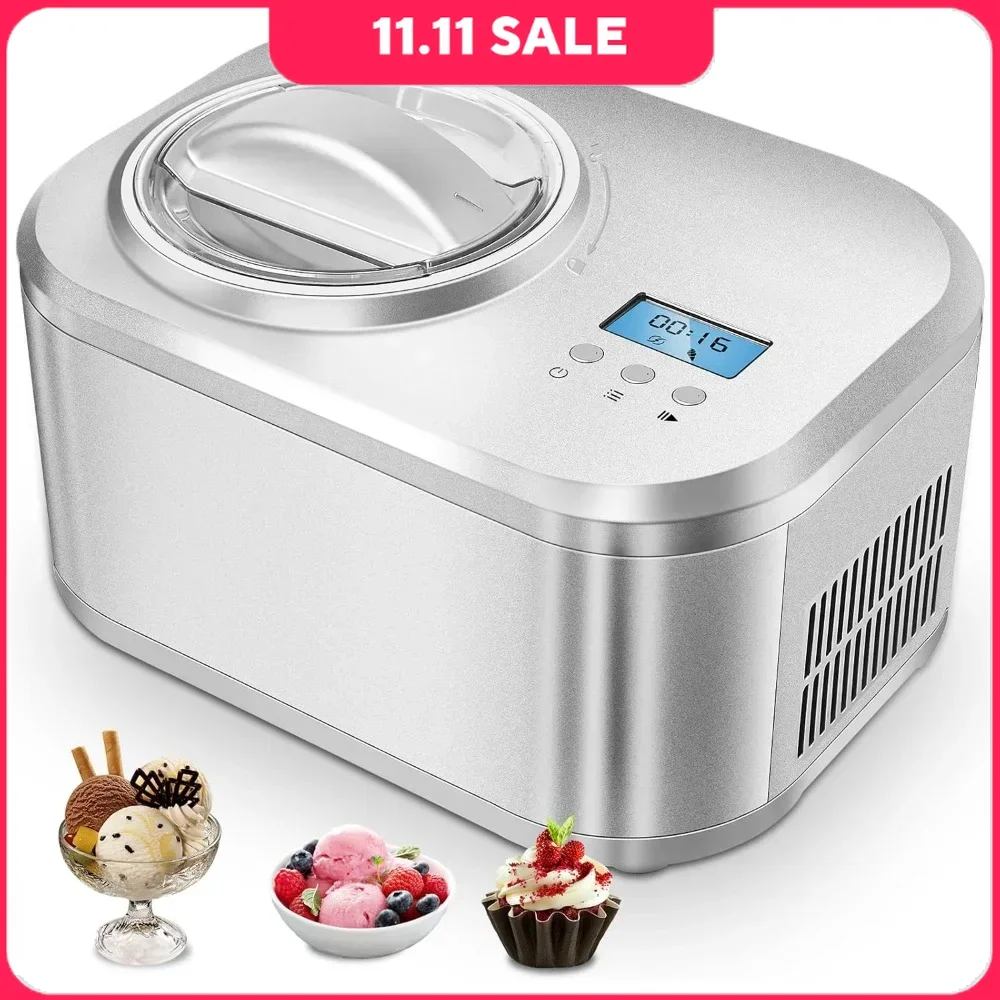 

Ice Cream Machine with LCD Timer, 1 Quart No Pre-Freezing Automatic, Built-in Compressor, Making in 30-60 Min, Ice Cream Maker