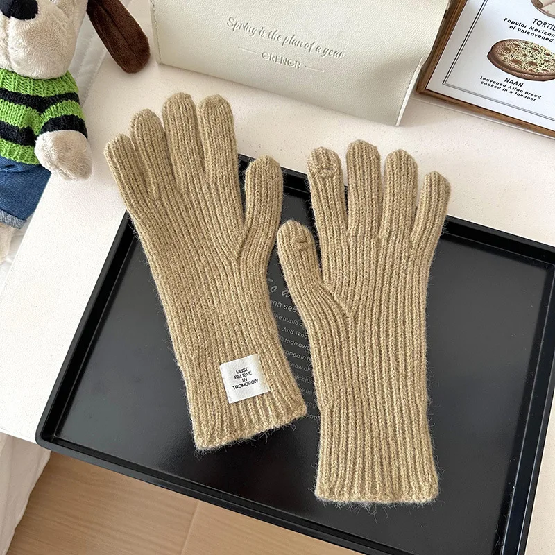 Korean Fashion Touch Screen Knitted Gloves Women\'s Winter Gloves Warm Cycling Gloves Solid Color Fluffy Work Gloves