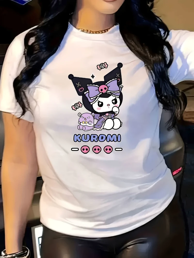 

Футболка с аниме Kuromi, милая футболка Kuromi с сердечками и звездами, летняя повседневная футболка с короткими рукавами и круглым вырезом