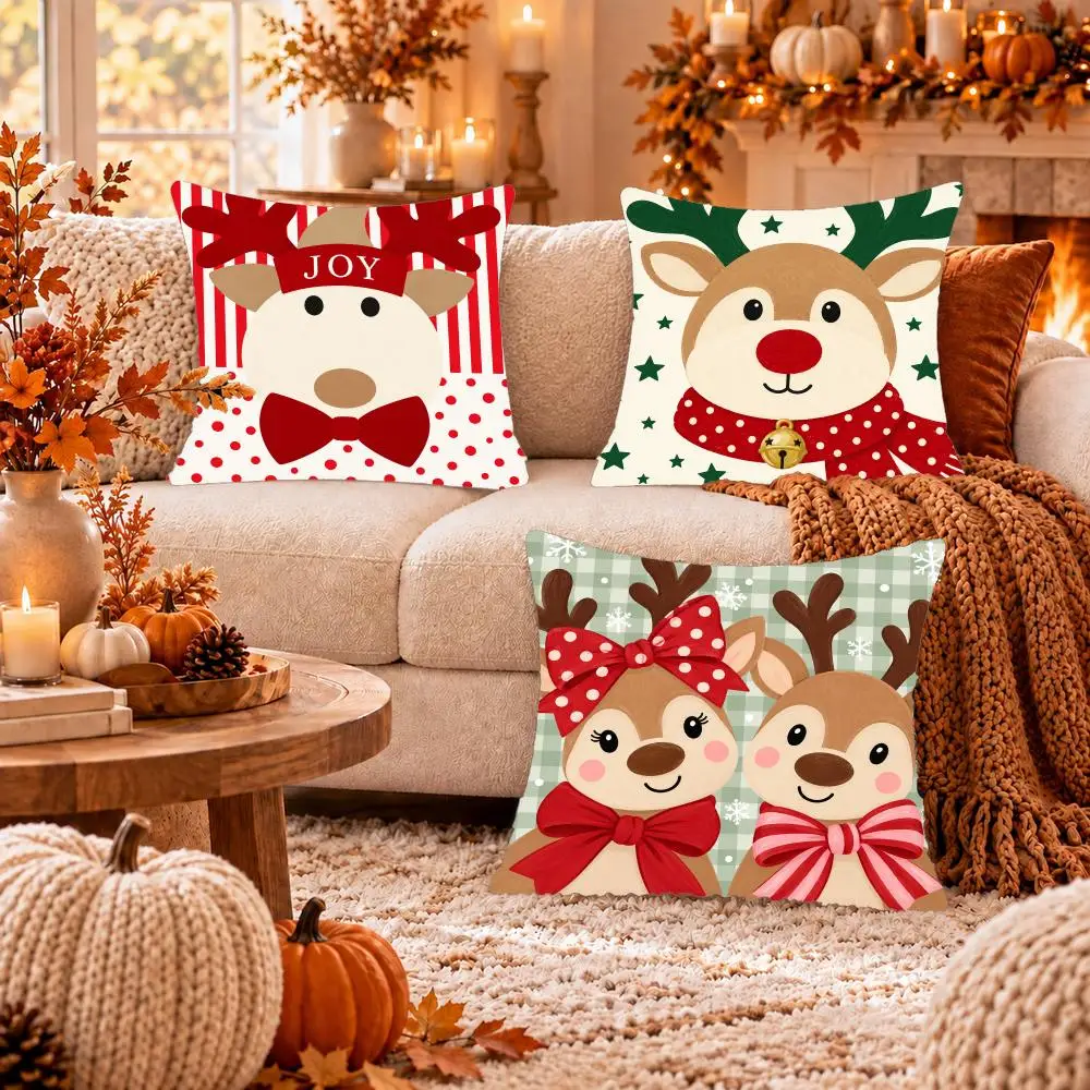 Joy Reindeer Cushion Cover Soft Short Plush Pillow Cover Smooth Cozy Texture Cushion Case Home Decor