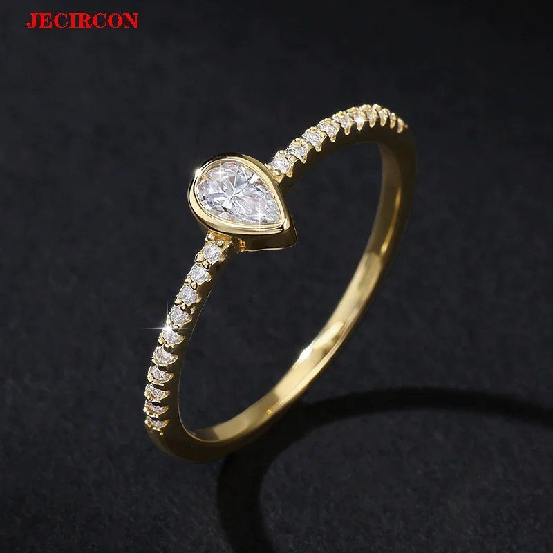 

JECIRCON S925 Sterling Silver Golden Ring for Women, Water Drop Moissanite Geometry Design, Luxury Wedding Party finger Jewelry