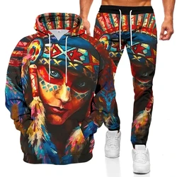 Conjunto de moletom Harajuku impresso em 3D masculino, Hoodies retrato indiano de Deus, Maria Pullovers, calça casual, Y2K, novo