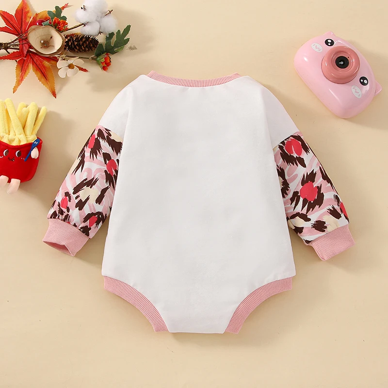 Infant Girls Fall Fashionable Jumpsuit with Long Sleeves Round Neck and Stylish Patchwork Design Featuring Letters Biscuit